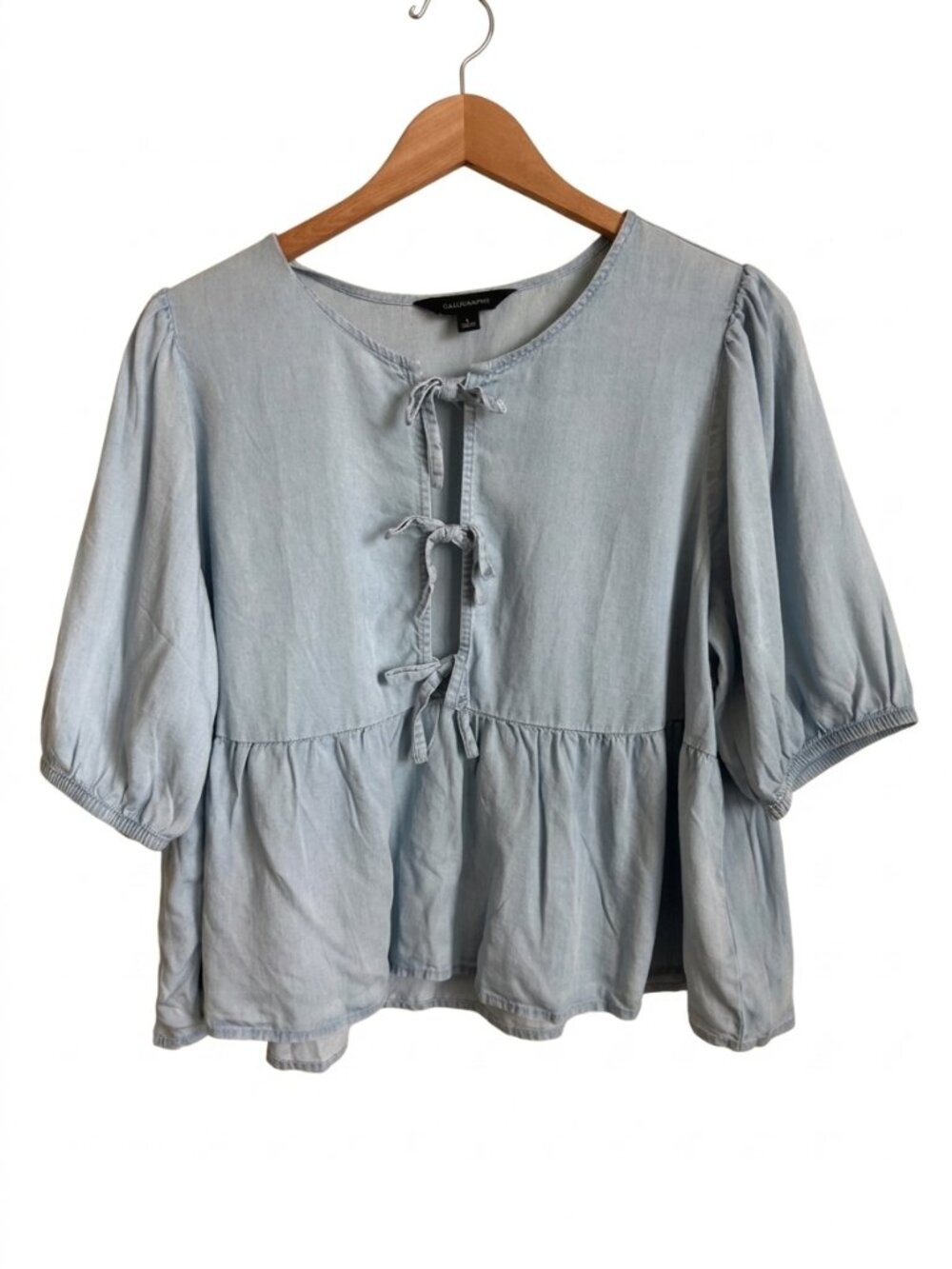 Tie Front Peplum Blouse Puff Sleeve Lyocell Calligraphie Size L Light Blue